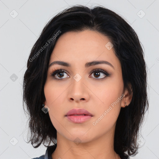 Neutral asian young-adult female with medium  black hair and brown eyes