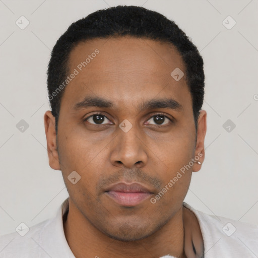 Neutral black young-adult male with short  black hair and brown eyes