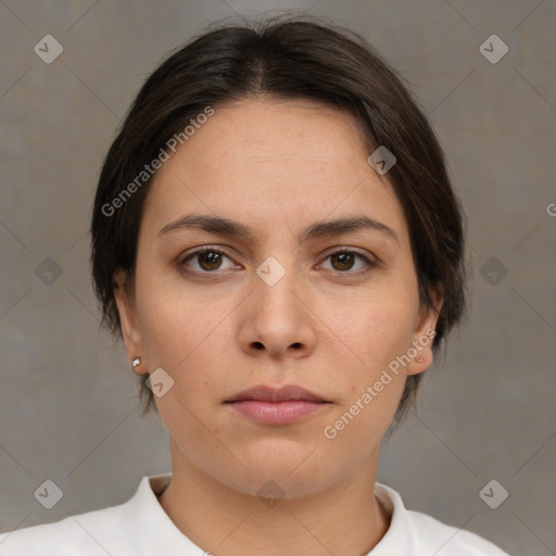 Neutral white young-adult female with medium  brown hair and brown eyes