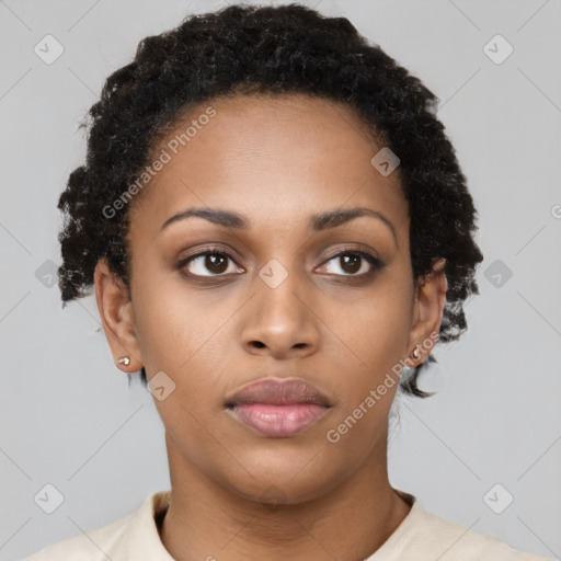 Neutral black young-adult female with short  black hair and brown eyes