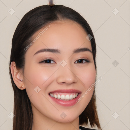 Joyful white young-adult female with long  brown hair and brown eyes