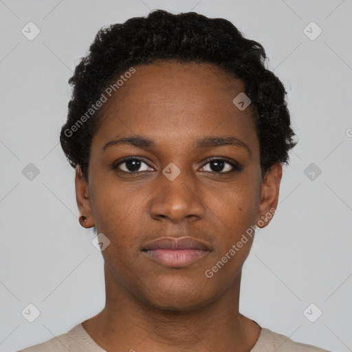 Neutral black young-adult female with short  black hair and brown eyes