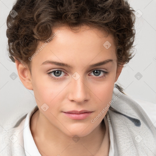 Joyful white child female with short  brown hair and brown eyes