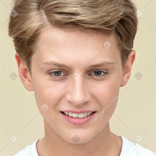 Joyful white young-adult female with short  brown hair and grey eyes