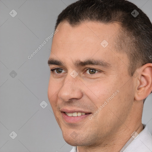 Joyful white young-adult male with short  brown hair and brown eyes