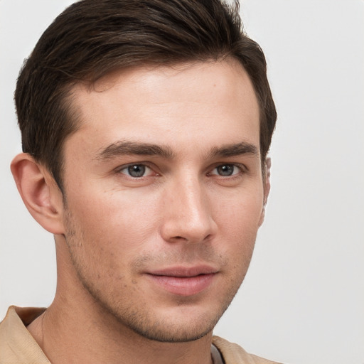 Neutral white young-adult male with short  brown hair and grey eyes