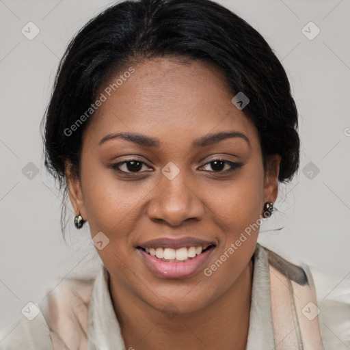 Joyful latino young-adult female with medium  brown hair and brown eyes