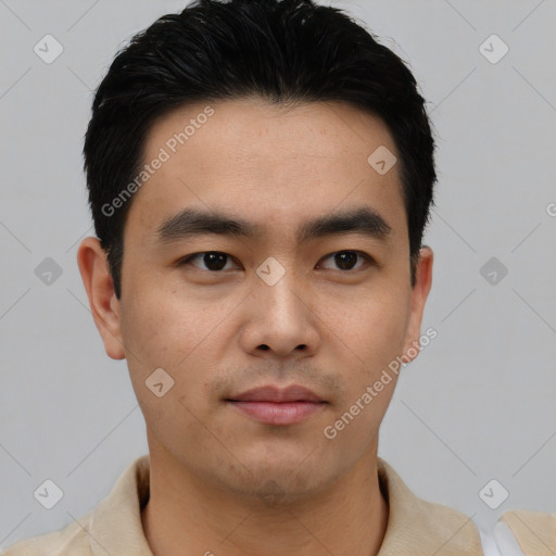 Neutral asian young-adult male with short  black hair and brown eyes