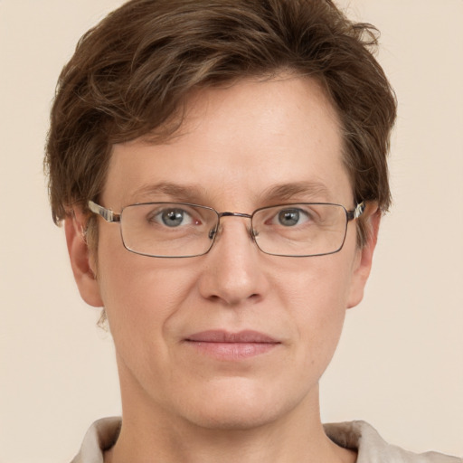 Joyful white adult male with short  brown hair and grey eyes