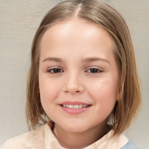 Joyful white child female with medium  brown hair and brown eyes