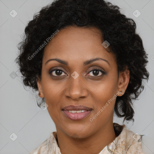 Joyful black young-adult female with medium  brown hair and brown eyes