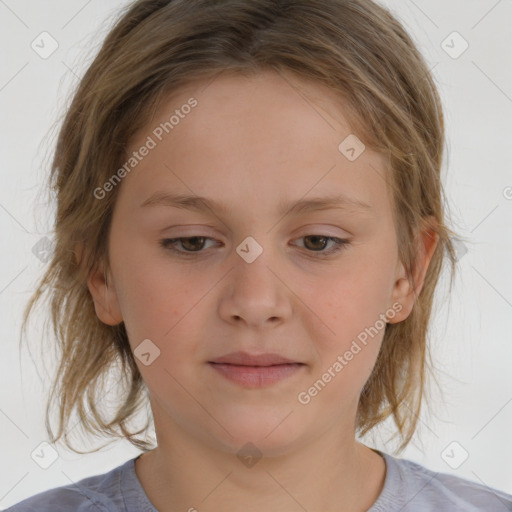 Joyful white child female with medium  brown hair and brown eyes