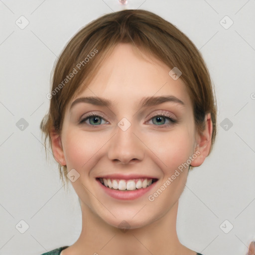 Joyful white young-adult female with medium  brown hair and green eyes