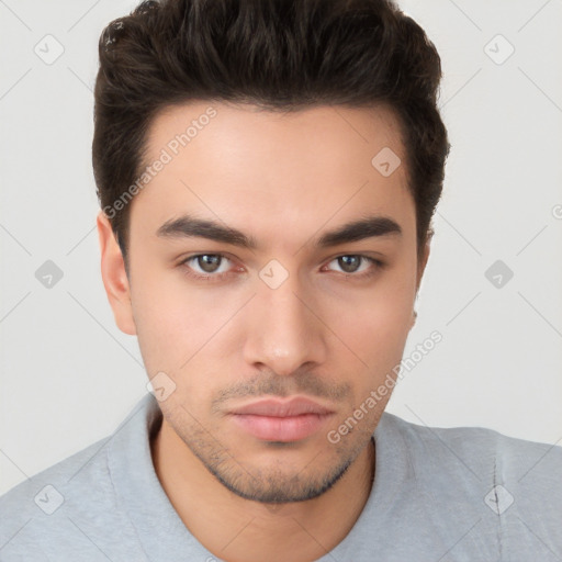 Neutral white young-adult male with short  brown hair and brown eyes