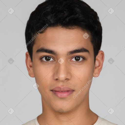 Neutral latino young-adult male with short  black hair and brown eyes