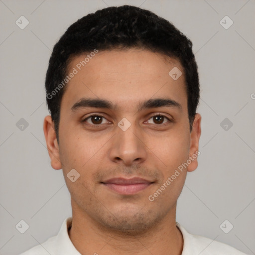 Neutral latino young-adult male with short  black hair and brown eyes