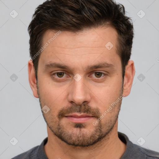 Neutral white adult male with short  brown hair and brown eyes