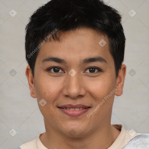 Joyful asian young-adult male with short  brown hair and brown eyes