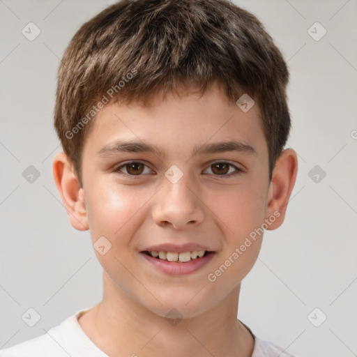 Joyful white child male with short  brown hair and brown eyes