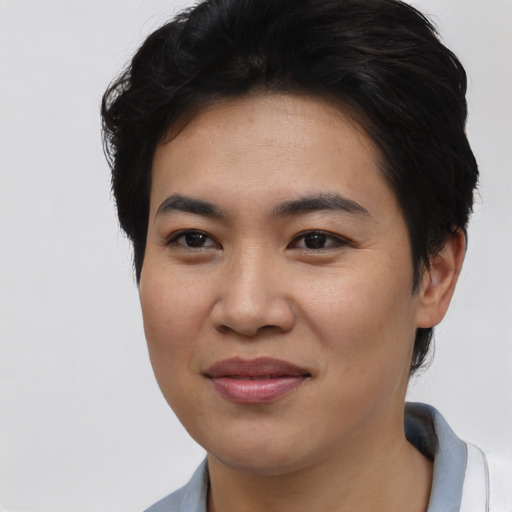 Joyful asian young-adult female with short  black hair and brown eyes