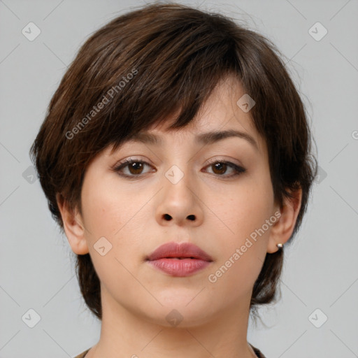 Neutral white young-adult female with medium  brown hair and brown eyes