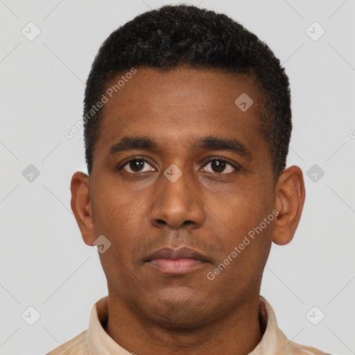 Neutral latino young-adult male with short  black hair and brown eyes