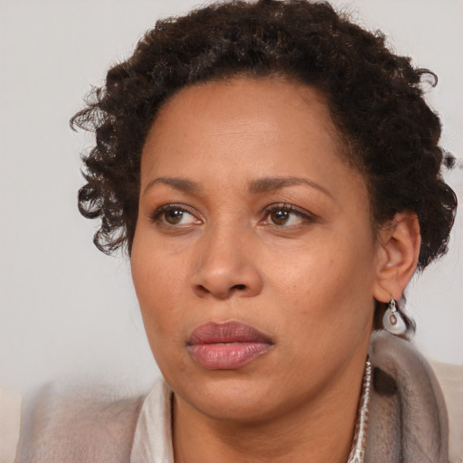 Neutral black adult female with short  brown hair and brown eyes