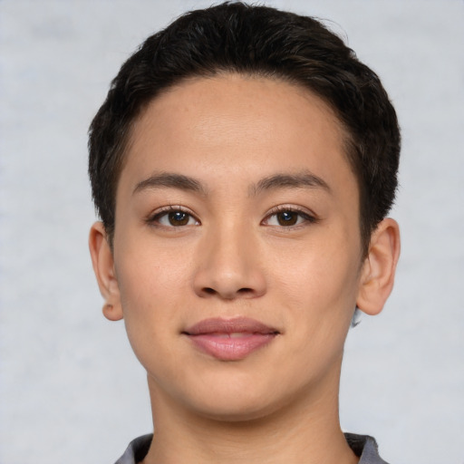 Joyful asian young-adult male with short  brown hair and brown eyes