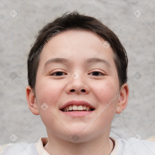 Joyful white child female with short  brown hair and brown eyes