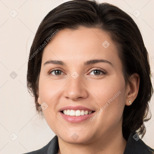 Joyful white young-adult female with medium  brown hair and brown eyes