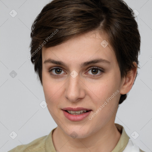 Joyful white young-adult female with medium  brown hair and brown eyes