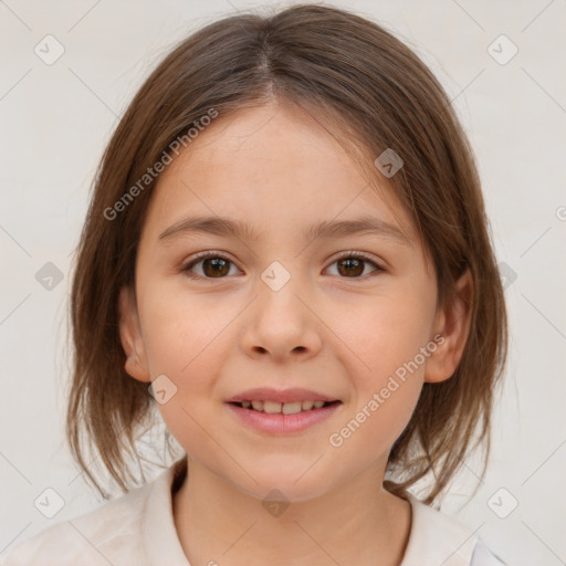 Joyful white child female with medium  brown hair and brown eyes