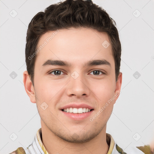 Joyful white young-adult male with short  brown hair and brown eyes