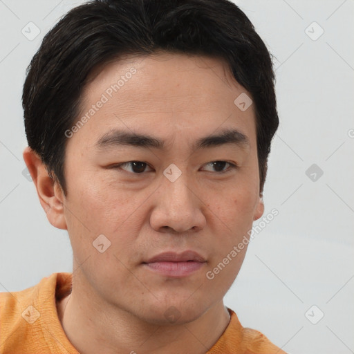 Neutral white young-adult male with short  brown hair and brown eyes