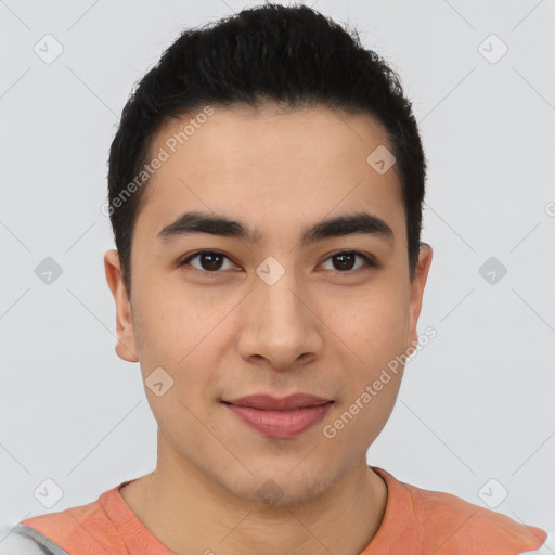 Joyful asian young-adult male with short  brown hair and brown eyes