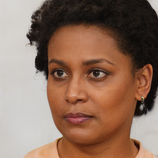 Neutral black young-adult female with short  brown hair and brown eyes