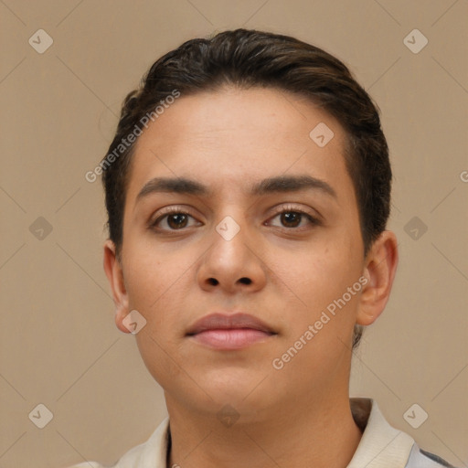 Neutral white young-adult female with short  brown hair and brown eyes