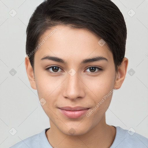 Joyful white young-adult female with short  brown hair and brown eyes