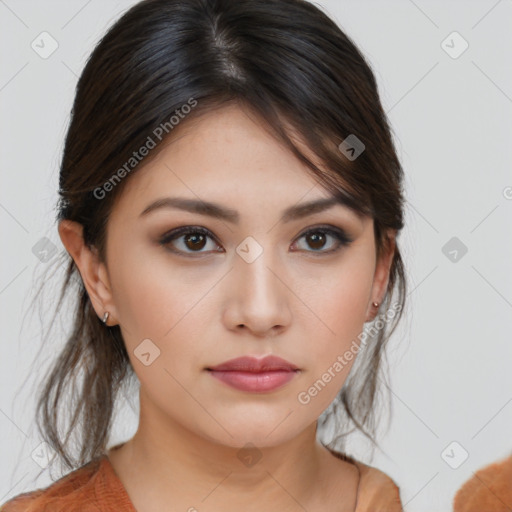 Neutral white young-adult female with medium  brown hair and brown eyes