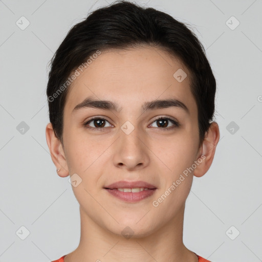 Joyful white young-adult female with short  brown hair and brown eyes