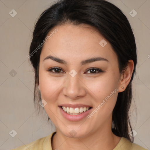 Joyful white young-adult female with medium  brown hair and brown eyes