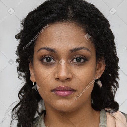 Joyful black young-adult female with long  brown hair and brown eyes