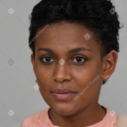 Neutral black young-adult female with short  brown hair and brown eyes