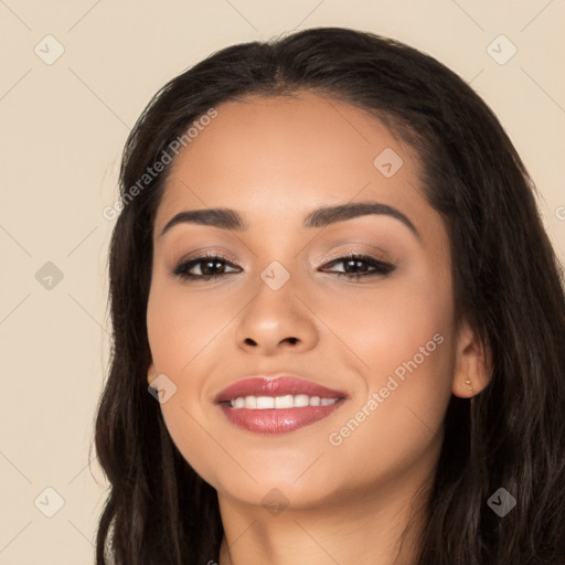 Joyful white young-adult female with long  black hair and brown eyes