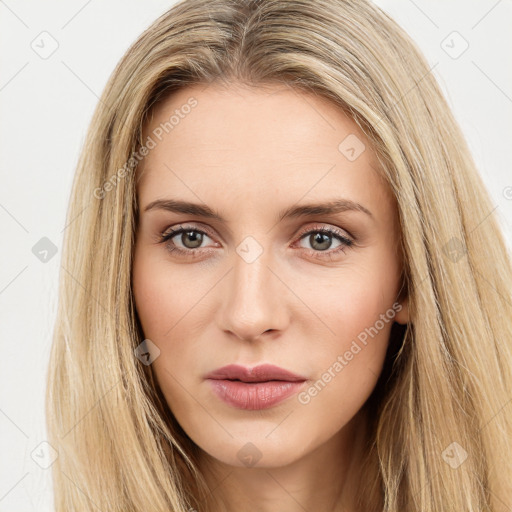 Neutral white young-adult female with long  brown hair and brown eyes