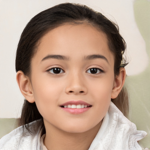 Joyful white child female with medium  brown hair and brown eyes