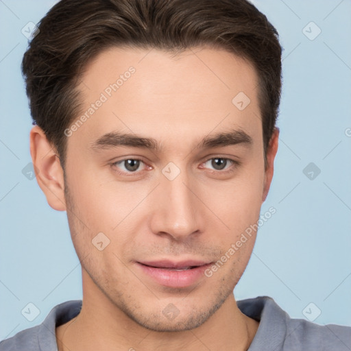 Neutral white young-adult male with short  brown hair and brown eyes