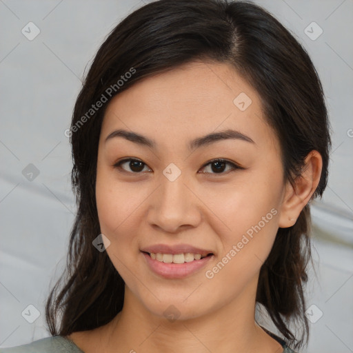 Joyful white young-adult female with medium  brown hair and brown eyes