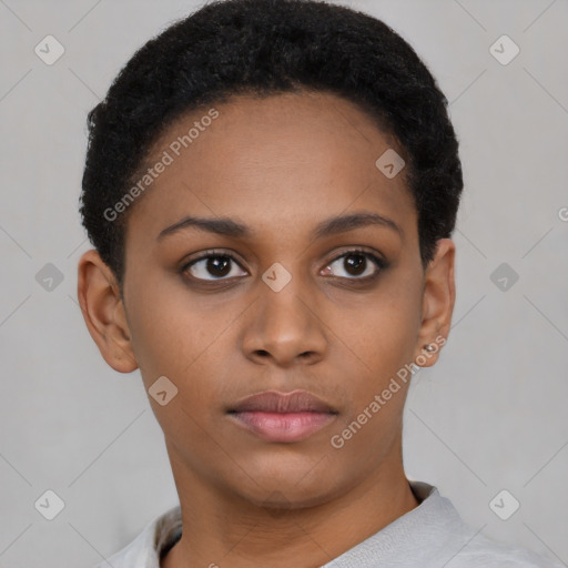 Neutral black young-adult female with short  black hair and brown eyes