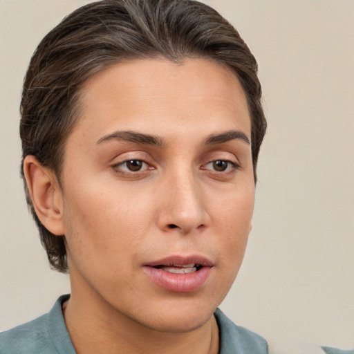 Neutral white young-adult female with short  brown hair and brown eyes